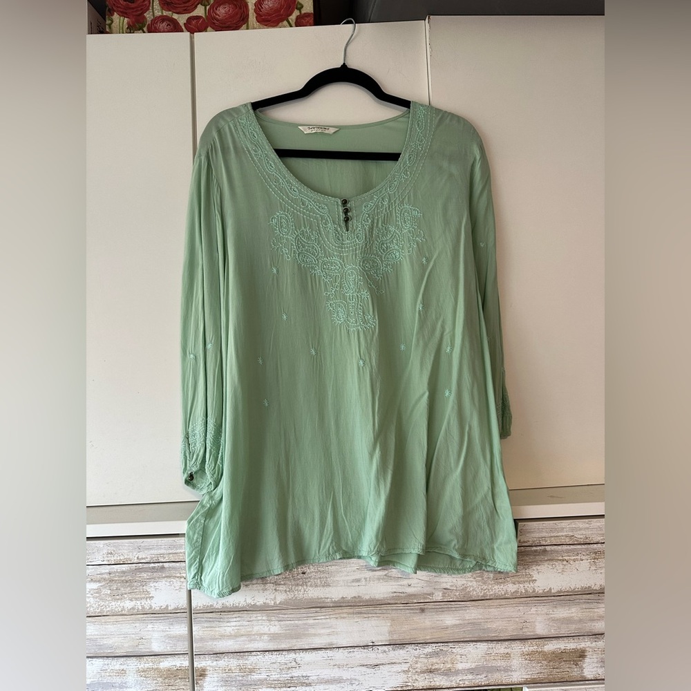 💚 Tantrums 2XL Mint Green Embroidered Boho Tunic Top Rayon Plus Size